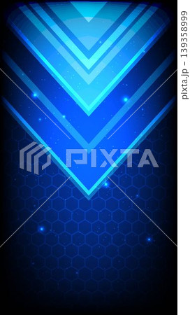 Abstract high tech background featuring glowing chevrons, neon lights and a digital hexagon grid 139358999
