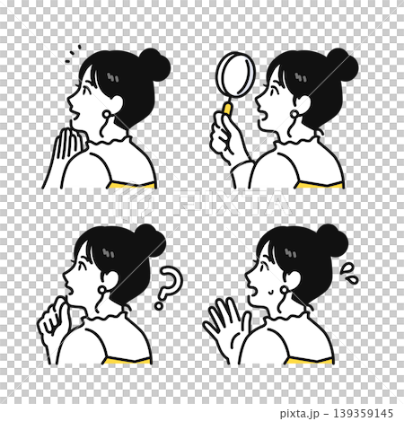 A set of illustrations of a young woman with her hair tied up, showing her profile, back view, and side view. A set of illustrations of a young woman with her hair tied up, showing her profile, back view, and side view. 139359145