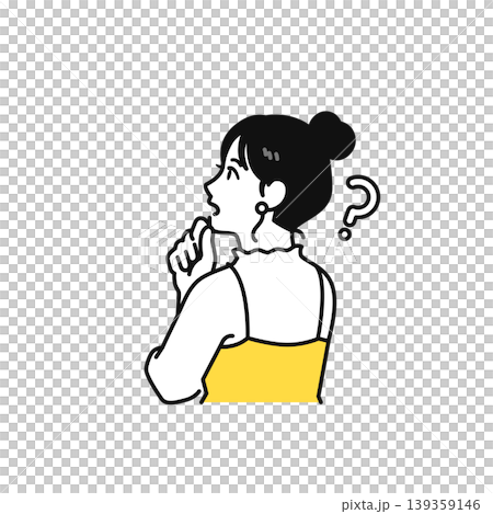 Illustration of a young woman with her hair tied up, seen from behind, thinking. 139359146