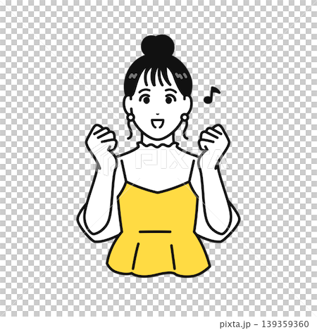 Illustration of a young woman with her hair tied up making a victory pose. 139359360