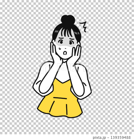 Illustration of a young woman with her hair tied up looking shocked. Illustration of a young woman with her hair tied up looking shocked. 139359488
