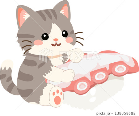 Grey tabby kitten with tako sushi. Cute kawaii cat hugs octopus nigiri sushi 139359588