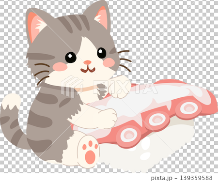 Grey tabby kitten with tako sushi. Cute kawaii cat hugs octopus nigiri sushi 139359588