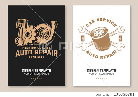 Auto repair poster set with piston gear and turbocharger with oil filter and wrenches vector automotive design for car service garage workshop print t shirt template isolated background 139359891