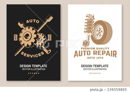 Auto repair poster set with gear and tools and suspension shock absorber with wheel vector automotive design for car service garage workshop print t shirt template isolated background Auto repair poster set with gear and tools and suspension shock absorber with wheel vector automotive design for car service garage workshop print t shirt template isolated background 139359893