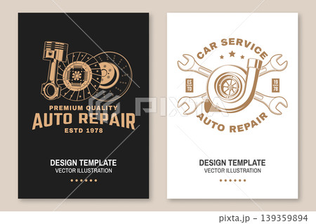 Auto repair poster set with piston brake discs and turbocharger vector automotive design for car service garage workshop print t shirt template isolated background 139359894