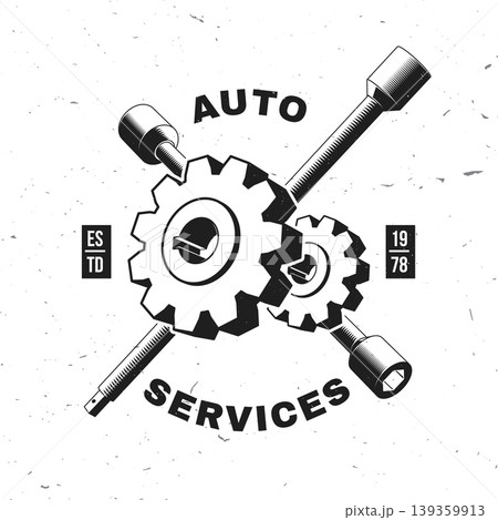 Gear and spark plugs auto service badge vector illustration car repair emblem with mechanical parts and tools for garage workshop print t shirt sticker isolated background Gear and spark plugs auto service badge vector illustration car repair emblem with mechanical parts and tools for garage workshop print t shirt sticker isolated background 139359913