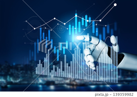Futuristic robotic hand interacting with digital financial graphs displaying market trends and data analysis on a blurred cityscape background Scalp 139359982