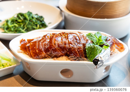 Serving of popular Peking Duck or Beijing duck, crispy skin roasted to perfection in China Serving of popular Peking Duck or Beijing duck, crispy skin roasted to perfection in China 139360076