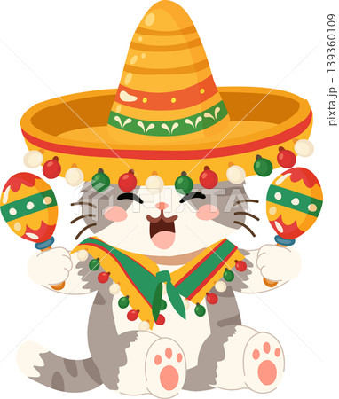 Cute gray cat cartoon wearing sombrero with maracas for cinco de mayo celebration Cute gray cat cartoon wearing sombrero with maracas for cinco de mayo celebration 139360109
