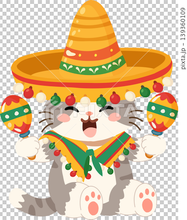 Cute gray cat cartoon wearing sombrero with maracas for cinco de mayo celebration Cute gray cat cartoon wearing sombrero with maracas for cinco de mayo celebration 139360109