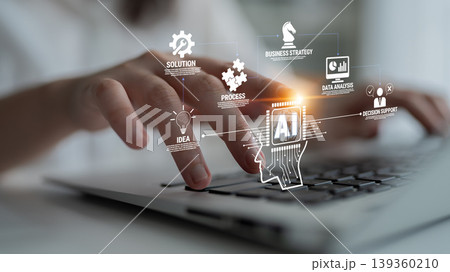 Futuristic Technology Concept with Hand Typing on Laptop Keyboard and Graphic Elements Representing Artificial Intelligence and Business Strategy Quark Futuristic Technology Concept with Hand Typing on Laptop Keyboard and Graphic Elements Representing Artificial Intelligence and Business Strategy Quark 139360210