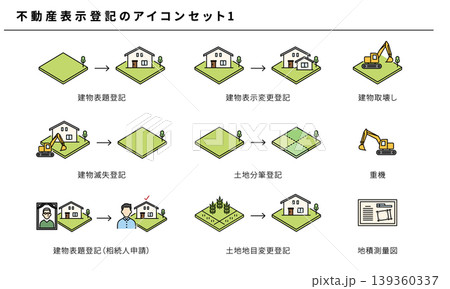 不動産表示登記のシンプルアイコンセット素材1(カラー)、ベクター 不動産表示登記のシンプルアイコンセット素材1(カラー)、ベクター 139360337