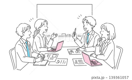 オフィスで会議や打ち合わせをする男女4人のビジネスパーソンの線画イラスト 差し色2色 オフィスで会議や打ち合わせをする男女4人のビジネスパーソンの線画イラスト 差し色2色 139361057