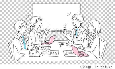 オフィスで会議や打ち合わせをする男女4人のビジネスパーソンの線画イラスト 差し色2色 オフィスで会議や打ち合わせをする男女4人のビジネスパーソンの線画イラスト 差し色2色 139361057