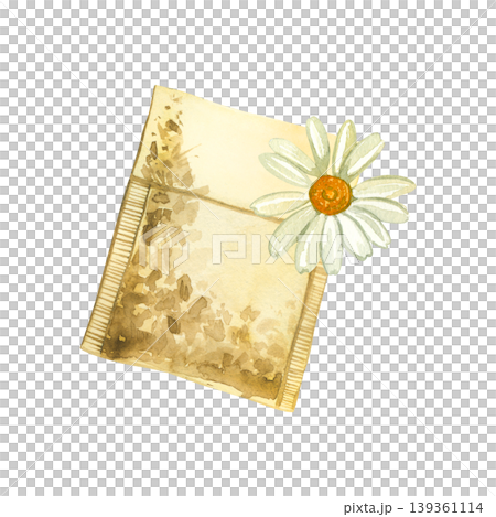 A bag of herbal tea with an image of a chamomile flower. Everything is hand-painted in watercolor. Illustration of a natural medicinal infusion for healthy lifestyle design and packaging printing. A bag of herbal tea with an image of a chamomile flower. Everything is hand-painted in watercolor. Illustration of a natural medicinal infusion for healthy lifestyle design and packaging printing. 139361114