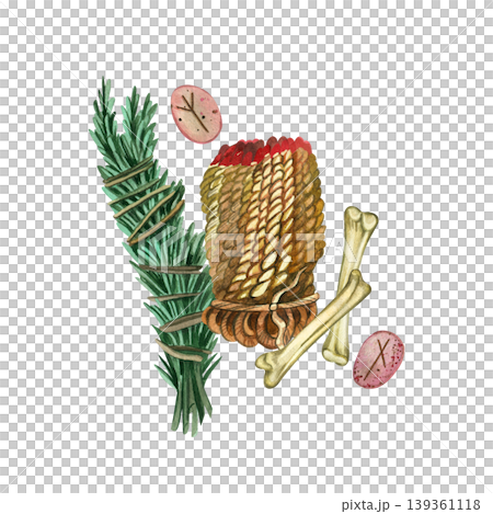 Watercolor illustration: a bunch of herbs with a rustic candle, bones and ancient stone runes. Everything is hand-painted in watercolor. An esoteric set for the design of mystical rituals, divination. Watercolor illustration: a bunch of herbs with a rustic candle, bones and ancient stone runes. Everything is hand-painted in watercolor. An esoteric set for the design of mystical rituals, divination. 139361118