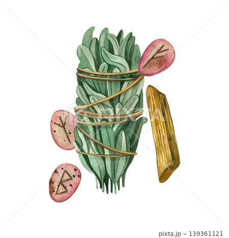 Watercolor illustration: a bunch of sage grass with stone runes and palo santo. Everything is hand-painted in watercolor. An esoteric illustration for the design of rituals, meditation and witchcraft. Watercolor illustration: a bunch of sage grass with stone runes and palo santo. Everything is hand-painted in watercolor. An esoteric illustration for the design of rituals, meditation and witchcraft. 139361121