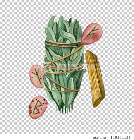 Watercolor illustration: a bunch of sage grass with stone runes and palo santo. Everything is hand-painted in watercolor. An esoteric illustration for the design of rituals, meditation and witchcraft. Watercolor illustration: a bunch of sage grass with stone runes and palo santo. Everything is hand-painted in watercolor. An esoteric illustration for the design of rituals, meditation and witchcraft. 139361121