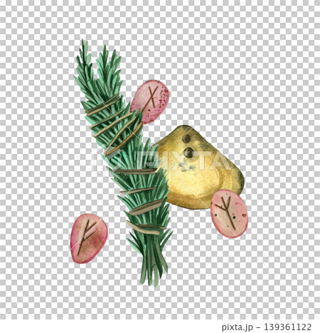 Watercolor illustration depicting a bunch of rosemary grass and stone runes for divination. Elements of a mystical ritual with ancient symbols for predicting fate. For printing on maps and fabrics. 139361122