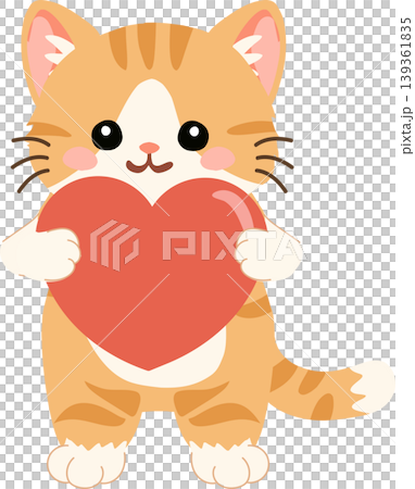 Kawaii tabby cat illustration hugging a heart for seasonal love moments, valentines greetings Kawaii tabby cat illustration hugging a heart for seasonal love moments, valentines greetings 139361835