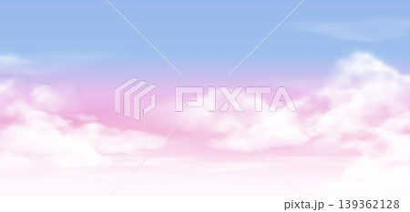 Sky cloudscape panorama with gradient blue pink fluffy cumulus. Vector illustration of airy pastel mist sky for wallpaper background and banner template, nursery or romantic card Sky cloudscape panorama with gradient blue pink fluffy cumulus. Vector illustration of airy pastel mist sky for wallpaper background and banner template, nursery or romantic card 139362128