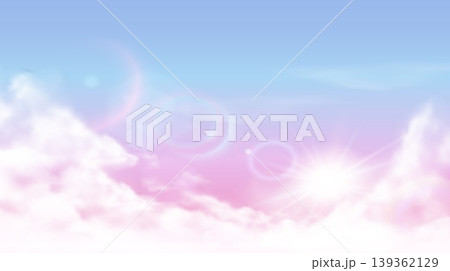 Sky cloudscape panorama with sunrise rays and pastel mist. Scene of gradient blue pink sky with clouds for wallpaper background, banner template or travel card. Vector illustration for romantic cards Sky cloudscape panorama with sunrise rays and pastel mist. Scene of gradient blue pink sky with clouds for wallpaper background, banner template or travel card. Vector illustration for romantic cards 139362129