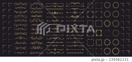 Golden calligraphic frame set with filigree corners and decorative scrolls on black background. Vintage vector ornate dividers, ornament wreaths, floral frames, border corners with linear flourishes 139362131