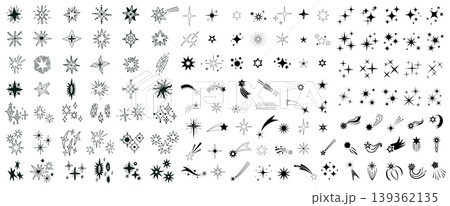 Stars and sparkle doodle set with shooting meteors, comet and celestial bursts. Monochrome vector collection of hand drawn icons shimmer symbols, starburst and starlight elements isolated line art Stars and sparkle doodle set with shooting meteors, comet and celestial bursts. Monochrome vector collection of hand drawn icons shimmer symbols, starburst and starlight elements isolated line art 139362135
