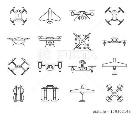 Drone UAV icon set with outline quadcopters and fixed wing aircraft for aviation mapping banners, delivery app design, and agriculture inspection or security template illustrations. Vector collection 139362142