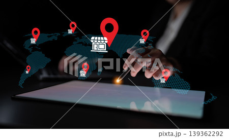 Business strategy with digital map and location markers for online retail, highlighting global market expansion and e-commerce development opportunities Gantry Business strategy with digital map and location markers for online retail, highlighting global market expansion and e-commerce development opportunities Gantry 139362292