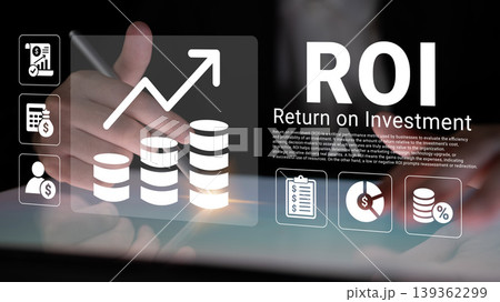 Business concept of ROI highlighting return on investment with financial growth symbols and charts for digital marketing and analysis strategies Ledger 139362299