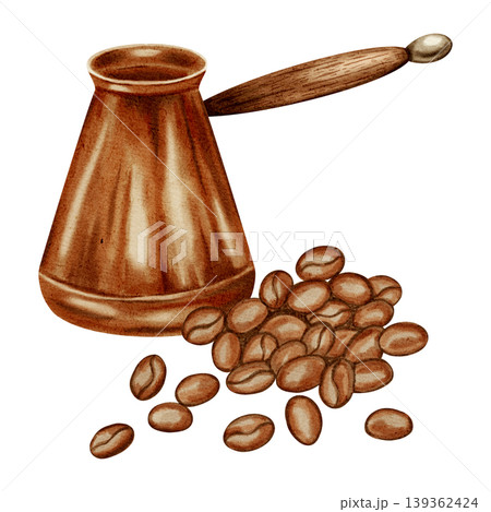 Hand-painted Watercolor illustration coffee set with cezve, cup and beans. Illustrations for coffee shops, cafes, packaging, menus, and product design. Hand-painted Watercolor illustration coffee set with cezve, cup and beans. Illustrations for coffee shops, cafes, packaging, menus, and product design. 139362424