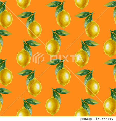 Seamless watercolor pattern featuring whole yellow lemons on green branches with leaves. This hand-drawn summer botanical illustration is perfect for fabric, wallpaper, packaging, and kitchen decor 139362445