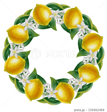 Watercolor wreath of lemon branches, flowers, and green leaves. Hand-drawn citrus fruits isolated on a white background. Suitable for Mediterranean-style designs, weddings, kitchen decor, packaging Watercolor wreath of lemon branches, flowers, and green leaves. Hand-drawn citrus fruits isolated on a white background. Suitable for Mediterranean-style designs, weddings, kitchen decor, packaging 139362469