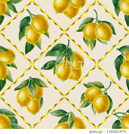Watercolor seamless pattern with lemons and green leaves. Hand drawn botanical illustration for fabric, textiles, wallpaper and Mediterranean style decor, kitchen decor, cafe menu Watercolor seamless pattern with lemons and green leaves. Hand drawn botanical illustration for fabric, textiles, wallpaper and Mediterranean style decor, kitchen decor, cafe menu 139362474