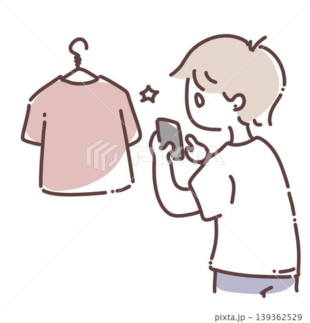 フリマアプリ出品のために洋服をスマホで撮影する人物のイラスト 139362529
