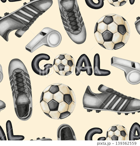 Watercolor football seamless pattern featuring soccer cleats, referee whistle and goal text. Hand drawn sport elements for championship decor and athletic apparel. Football. Sport Watercolor football seamless pattern featuring soccer cleats, referee whistle and goal text. Hand drawn sport elements for championship decor and athletic apparel. Football. Sport 139362559