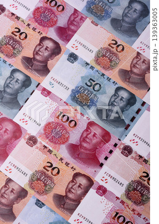 Chinese paper money, yuans in various denominations. China money 139363005