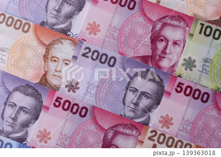 Chilean paper currency, peso, for financial transactions and exchange. Chilean peso currency Chilean paper currency, peso, for financial transactions and exchange. Chilean peso currency 139363018
