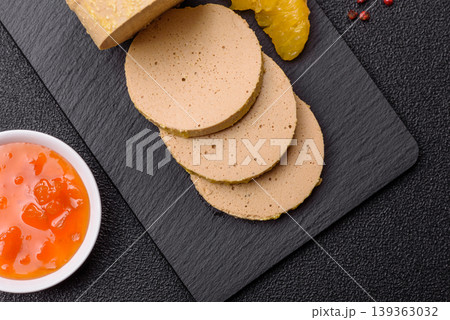 Foie gras, sliced chicken liver with fruit jam for French toast. Foie gras Foie gras, sliced chicken liver with fruit jam for French toast. Foie gras 139363032