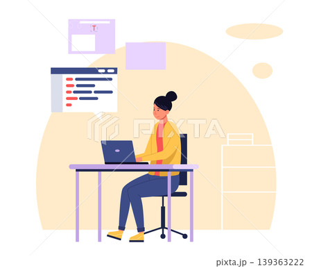 Programmer developer scene with coding laptop and UI interface for software engineering banners, remote workspace websites, and tech tutorial or course presentation design. Vector illustration 139363222