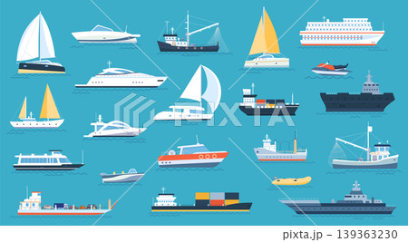 Boats and ships icon set with sailboats and cargo vessels for nautical travel posters, shipping app design, and marine logistics or sticker collection art. Flat vector illustration Boats and ships icon set with sailboats and cargo vessels for nautical travel posters, shipping app design, and marine logistics or sticker collection art. Flat vector illustration 139363230