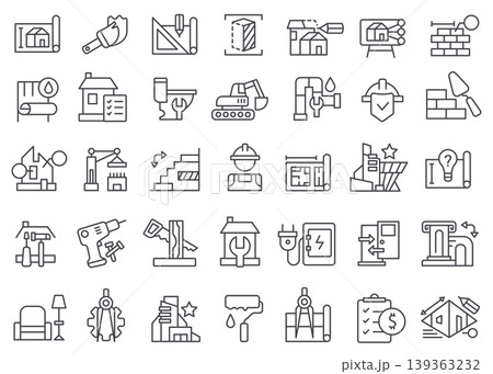 Renovation line icon set with construction tools and blueprint plans for contractor app design, home remodel banners, and DIY or building website illustrations. Vector collection Renovation line icon set with construction tools and blueprint plans for contractor app design, home remodel banners, and DIY or building website illustrations. Vector collection 139363232