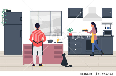 Kitchen baking scene with couple and dessert muffins for family meal banners, lifestyle website templates, and home cooking or social media design. Modern vector illustration 139363238