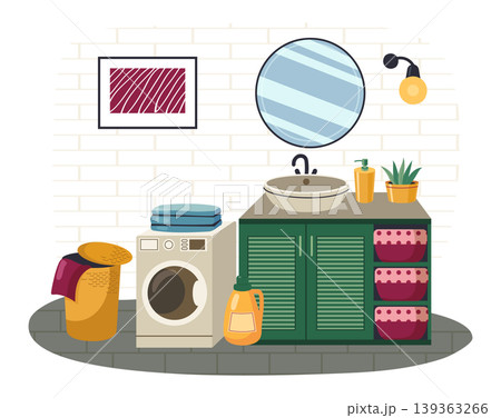 Laundry room interior with washing machine and utility sink for household chore posters, cleaning instruction banners, and home app or website design. Cozy vector illustration Laundry room interior with washing machine and utility sink for household chore posters, cleaning instruction banners, and home app or website design. Cozy vector illustration 139363266