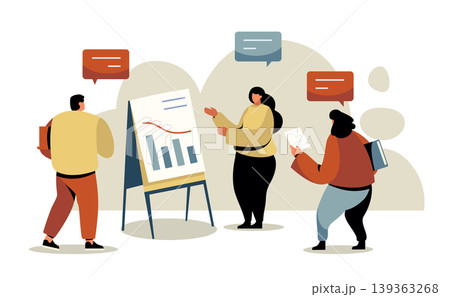 Teamwork meeting illustration with flipcharts and data graphs for business presentations, corporate training, and startup strategy or workshop design. Flat vector set 139363268