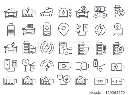 Electric vehicle battery icon set with charge gauges and power cables for smart dashboard UI, renewable energy infographics, and clean transport signage. Minimal vector collection 139363270
