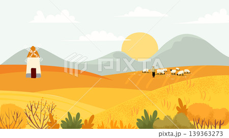 Countryside landscape with wheat fields and pastoral sheep for rural banners, farm packaging, and eco or agriculture poster design. Minimal vector illustration of harvest Countryside landscape with wheat fields and pastoral sheep for rural banners, farm packaging, and eco or agriculture poster design. Minimal vector illustration of harvest 139363273