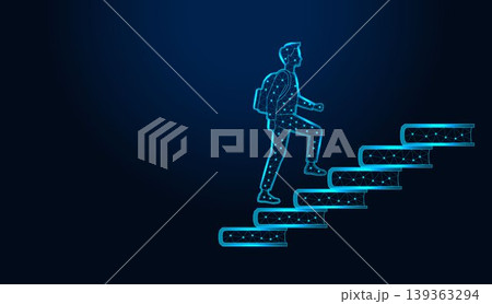 Low poly wireframe student climbing stairs made of books on dark blue background. 139363294